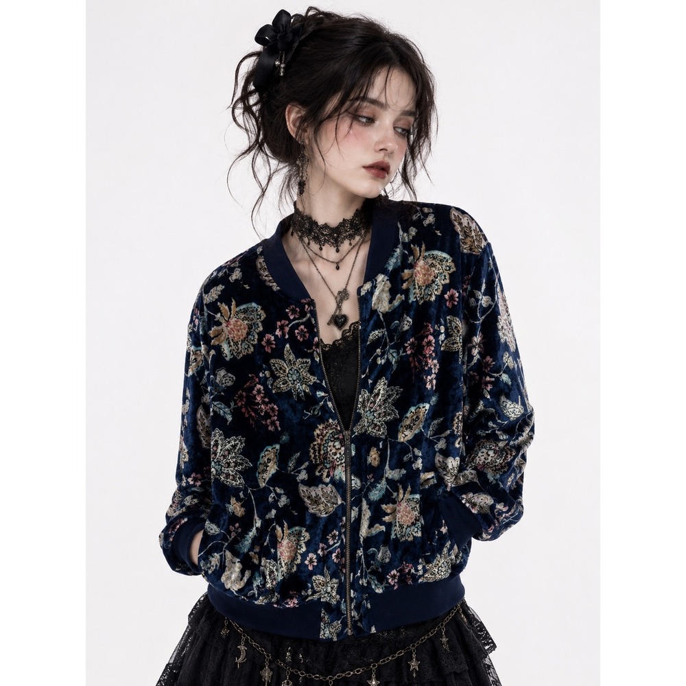 Sybilla Velvet Floral‎ Bomber Jacket Women Large Boho Indie Whimsigoth Y2K Fairy